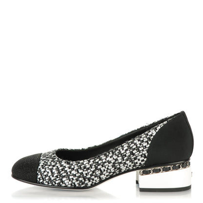Chanel Tweed Grosgrain Chain Cap Toe Low Heel Pumps 38.5 Silver Black 1 of 7