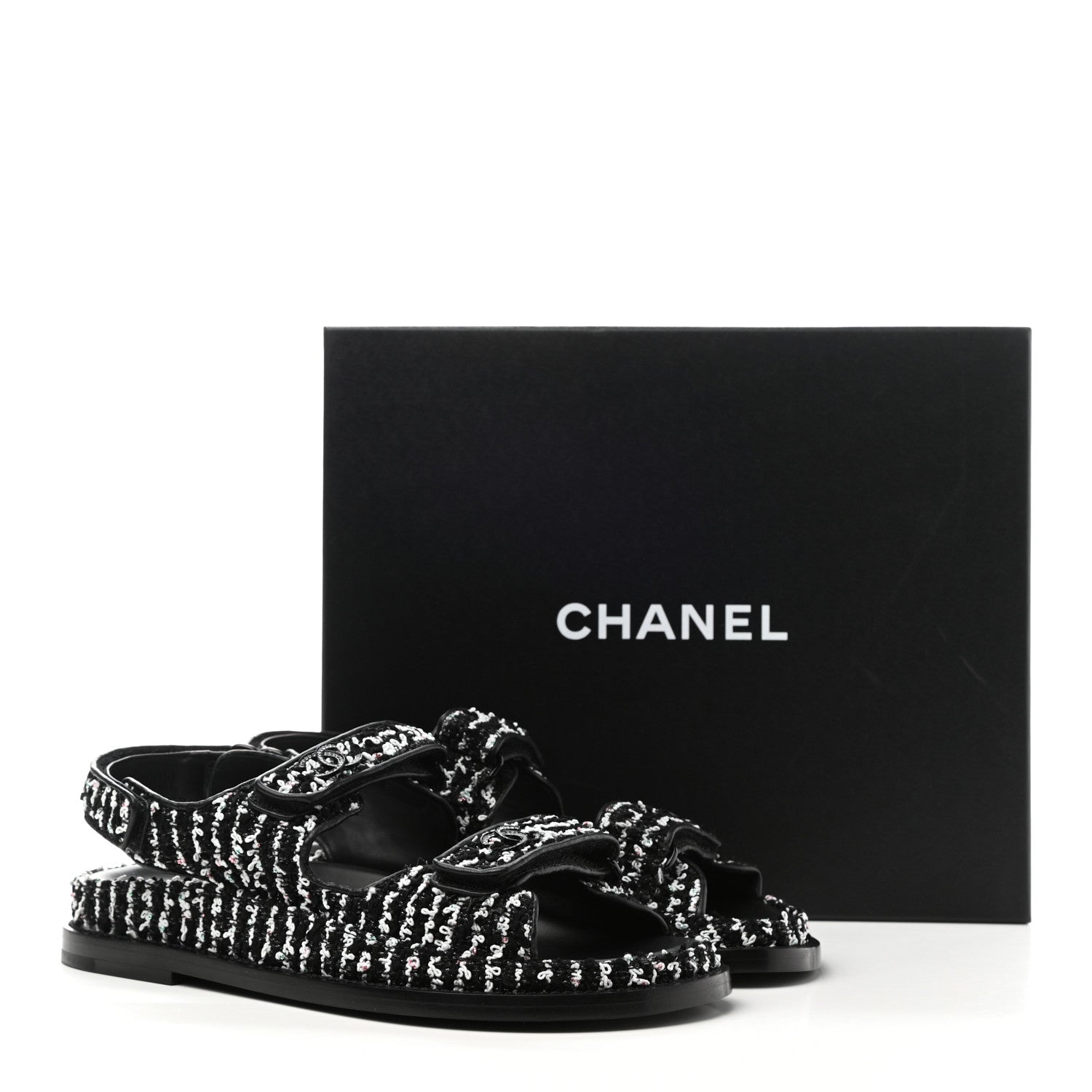 Chanel Tweed Lambskin Dad Sandals 38 Black White 9 of 9