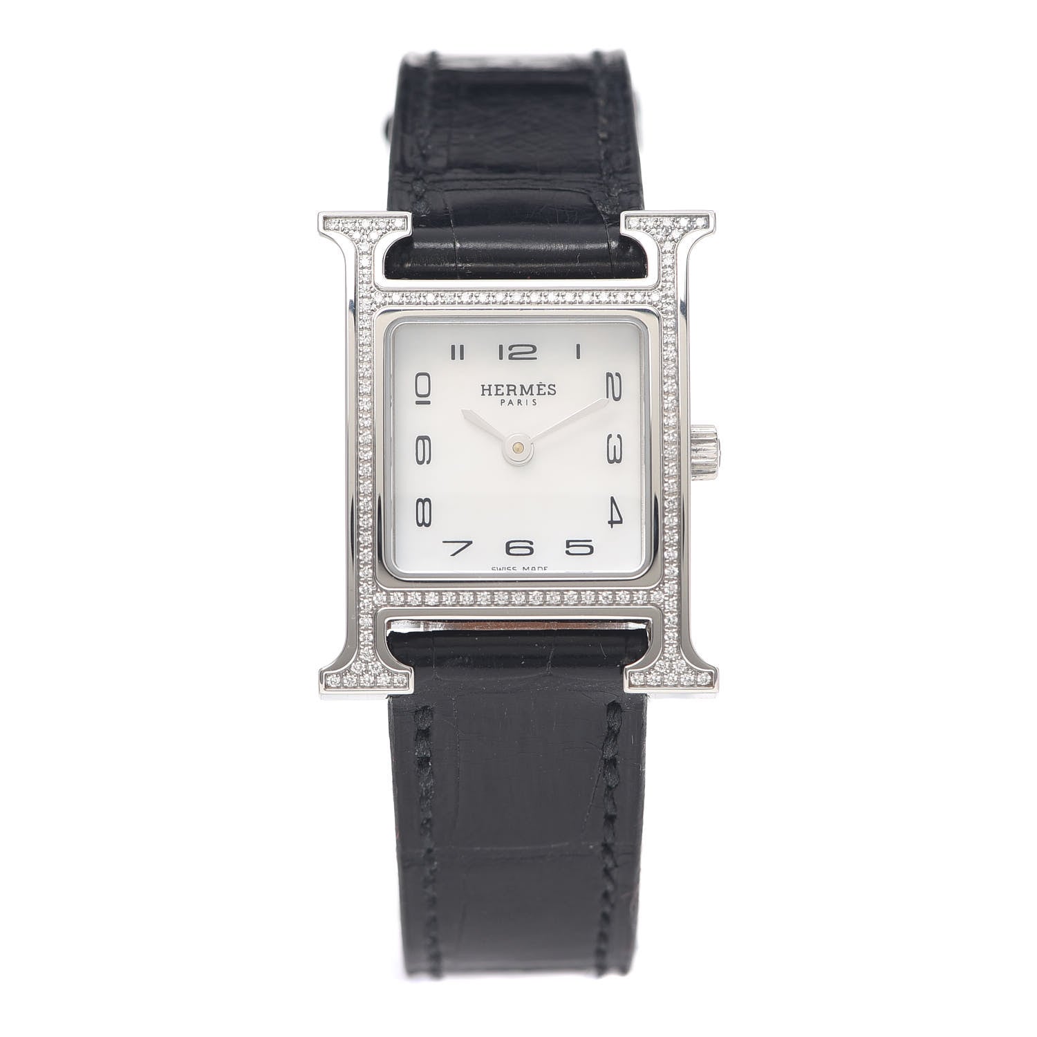 Hermes Stainless Steel Alligator Diamond Bezel Mother of Pearl 21mm Heure H Hour Quartz Watch Noir 1 of 5