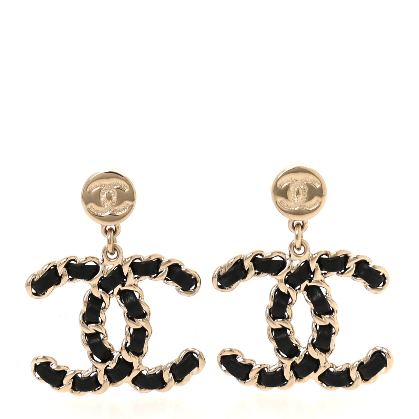 Lambskin Chain CC Drop Earrings Black Gold