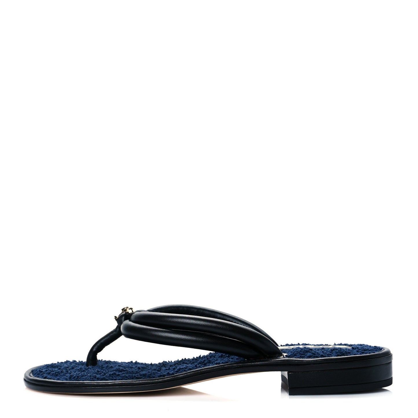 Lambskin Fabric CC Thong Sandals 38 Black Dark Navy