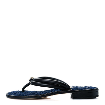 Chanel Lambskin Fabric CC Thong Sandals 38 Black Dark Navy 1 of 8