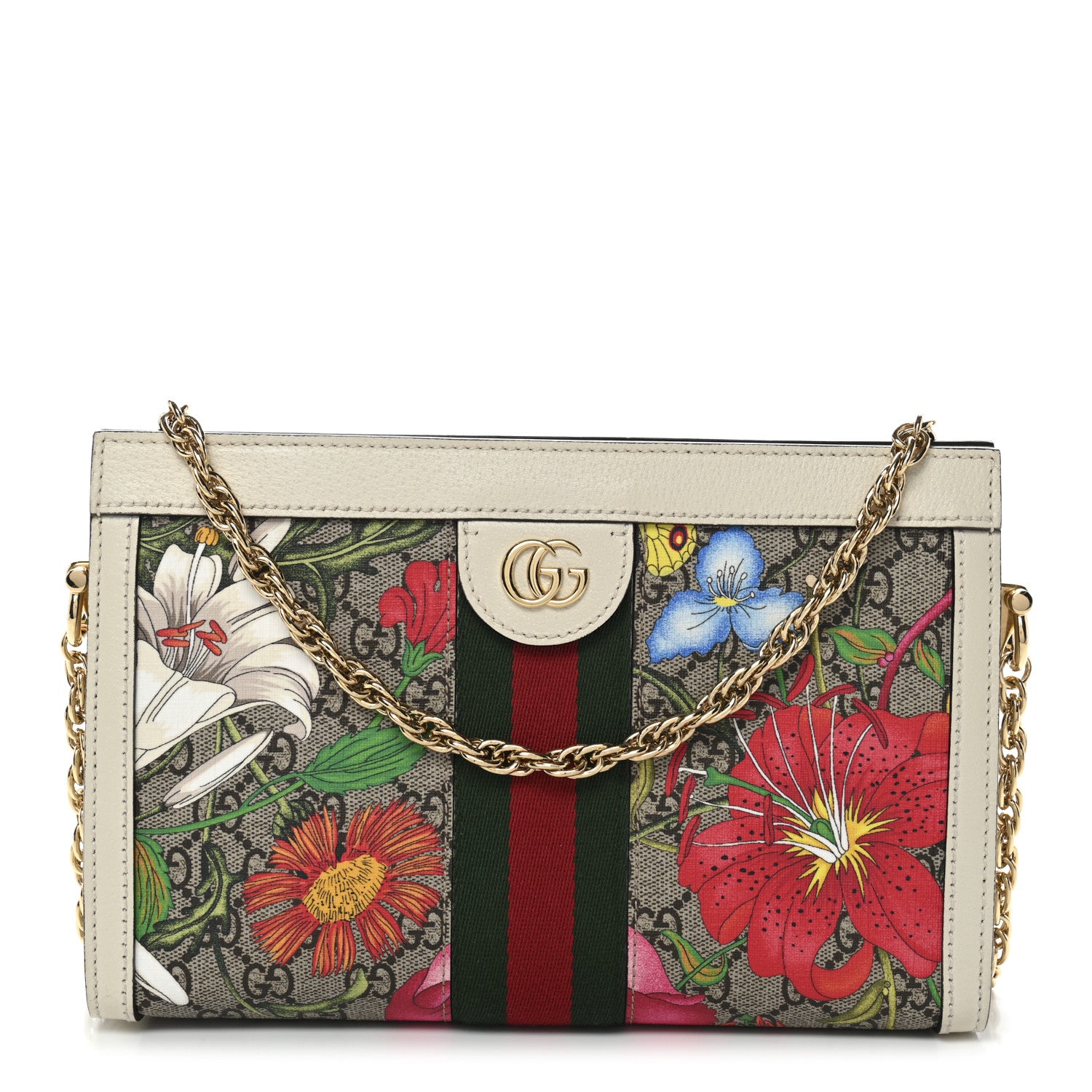 Gucci GG Supreme Monogram Flora Web Small Ophidia Chain Shoulder Bag White 1 of 10