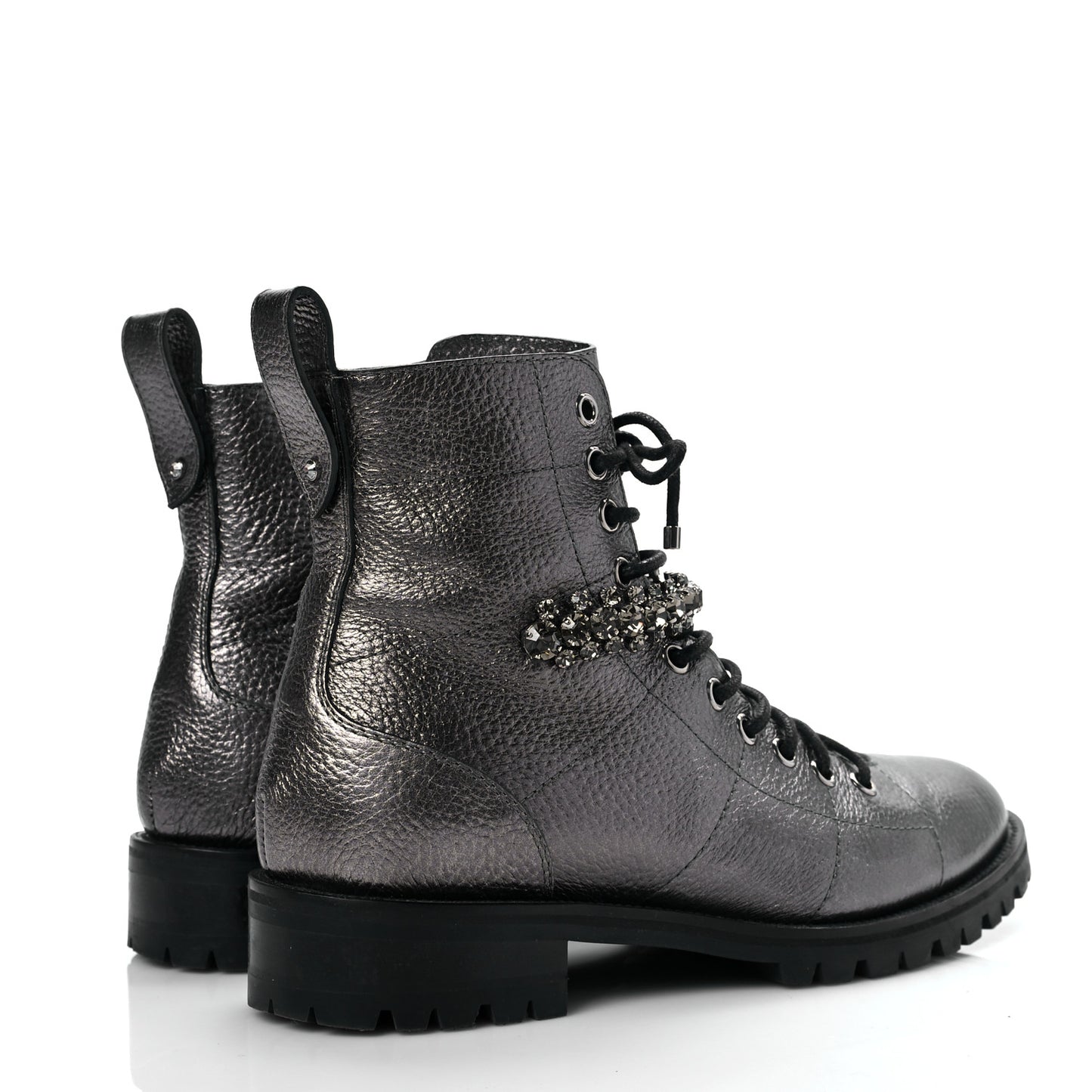 Metallic Grained Calfskin Crystal Embellished Cruz Combat Boots 37.5 Silver