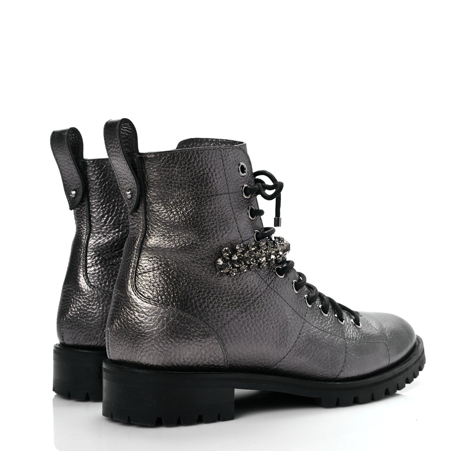 Jimmy Choo Metallic Grained Calfskin Crystal Embellished Cruz Combat Boots 37.5 Silver 4 of 6