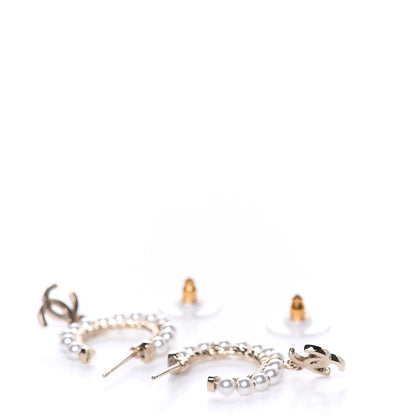 Chanel Pearl Charms CC Hoop Earrings Gold 2 of 5