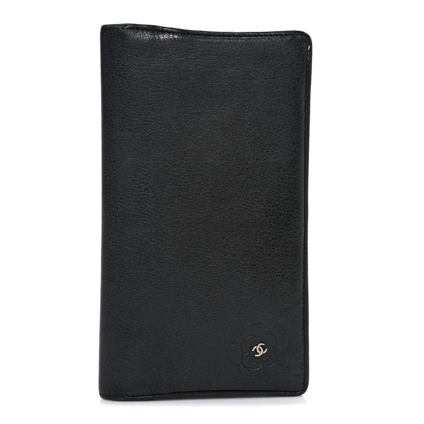 Goatskin Camellia Embossed Yen Wallet Black