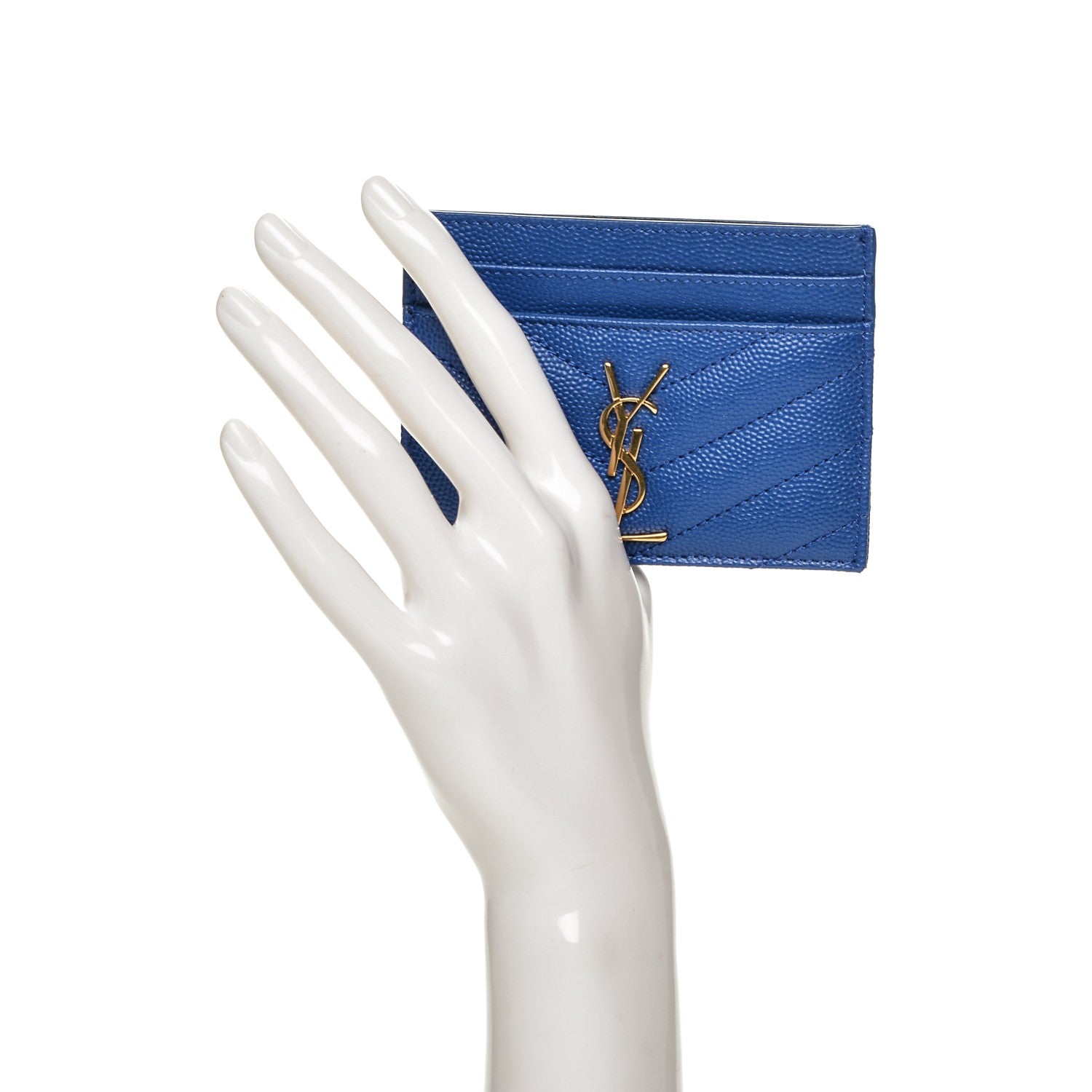 Saint Laurent Grain De Poudre Matelasse Chevron Monogram Credit Card Case Blue Majorelle 2 of 7