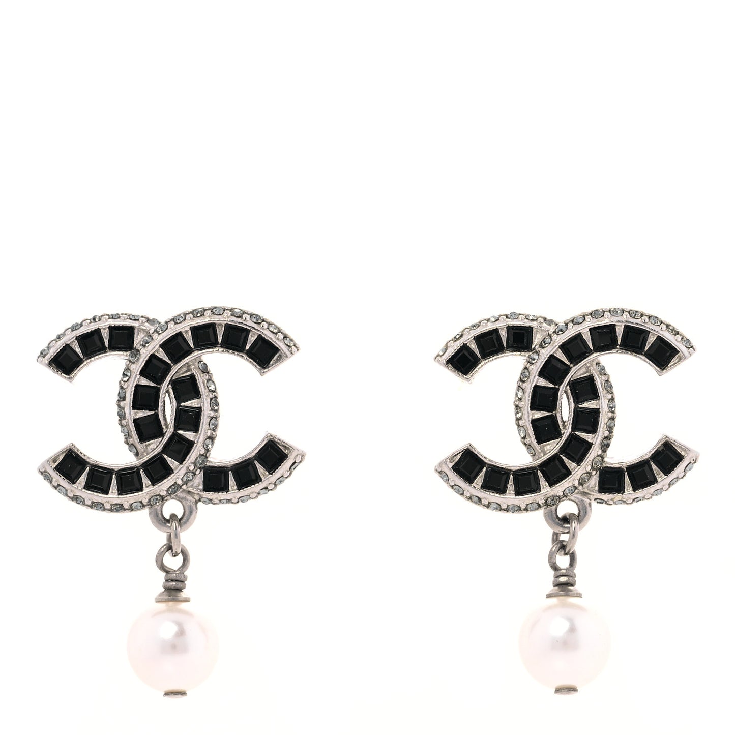 Baguette Crystal Pearl CC Drop Earrings Silver Black