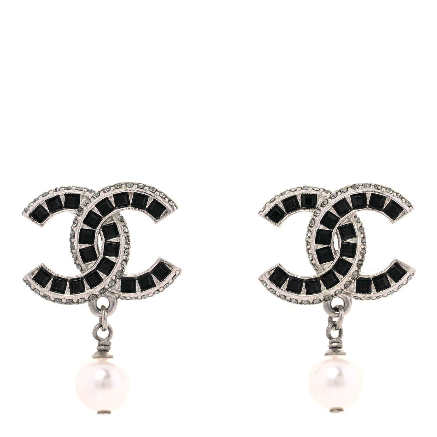 Chanel Baguette Crystal Pearl CC Drop Earrings Silver Black 1 of 4