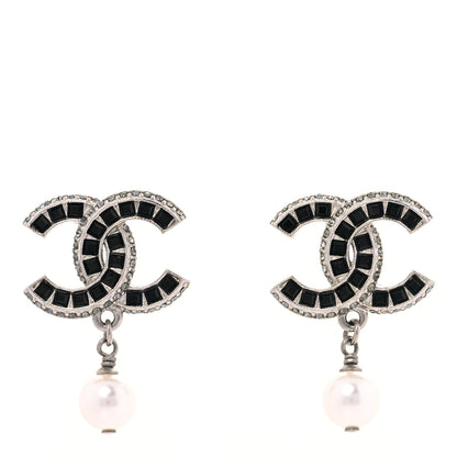 Chanel Baguette Crystal Pearl CC Drop Earrings Silver Black 1 of 4