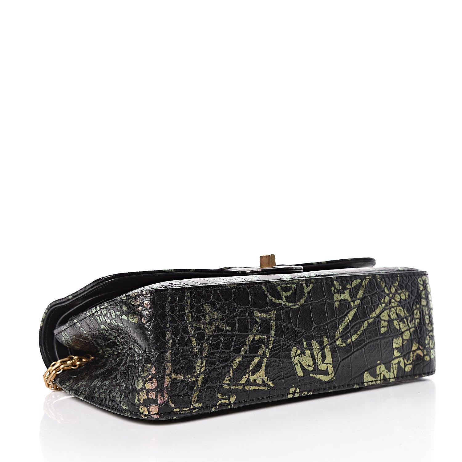 Chanel Calfskin Crocodile Embossed Graffiti 2.55 Cocodile Reissue 225 Flap Black Pink 4 of 13