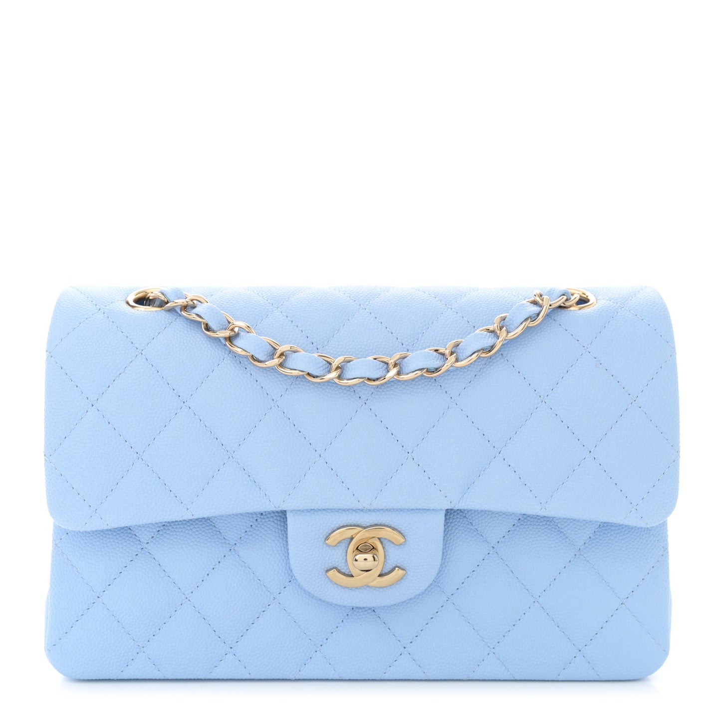 Caviar Quilted Small Double Flap Light Blue