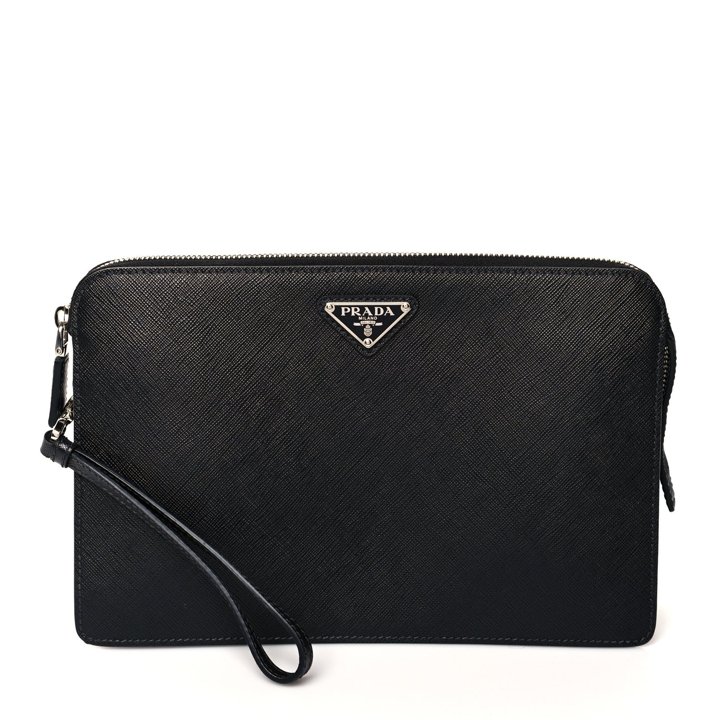 Saffiano Travel Metal Triangle Logo Slip Handle Wristlet Pouch Black