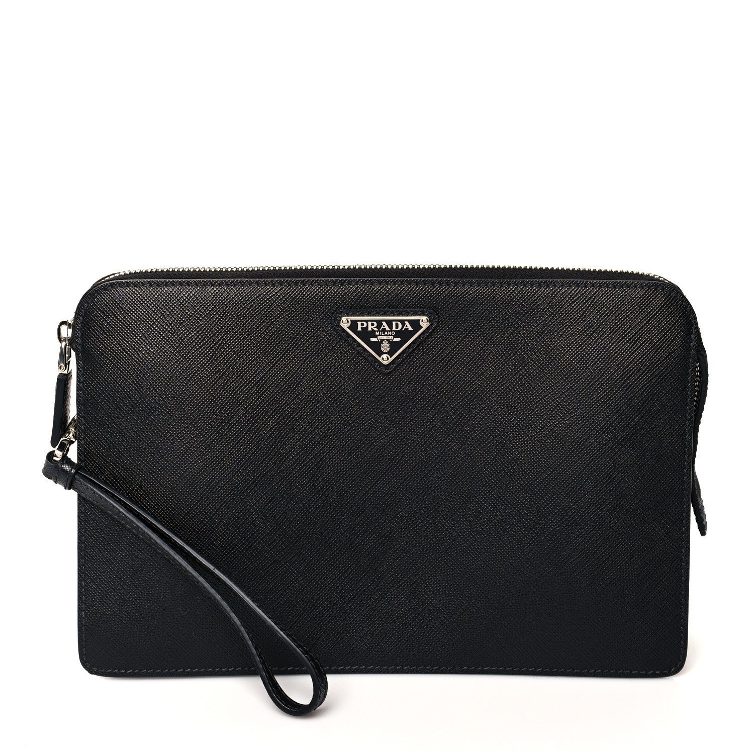 Prada Saffiano Travel Metal Triangle Logo Slip Handle Wristlet Pouch Black 1 of 6