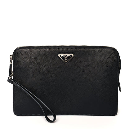 Prada Saffiano Travel Metal Triangle Logo Slip Handle Wristlet Pouch Black 1 of 6