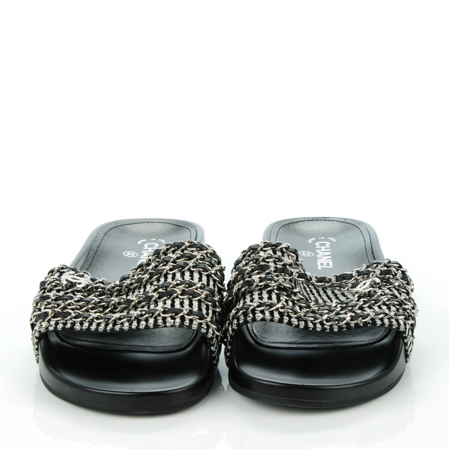 Tweed Lambskin Chain Flat Sandals 42 Black White
