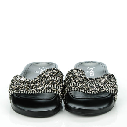 Chanel Tweed Lambskin Chain Flat Sandals 42 Black White 2 of 8
