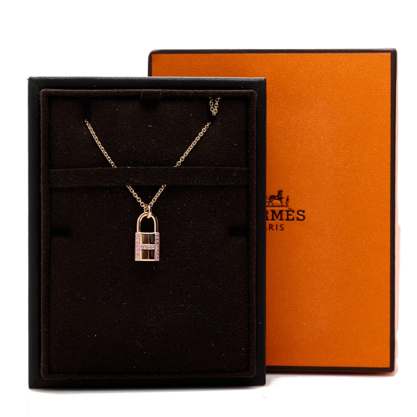 18K Rose Gold Pink Sapphire Amulettes Cadenas Pendant Necklace
