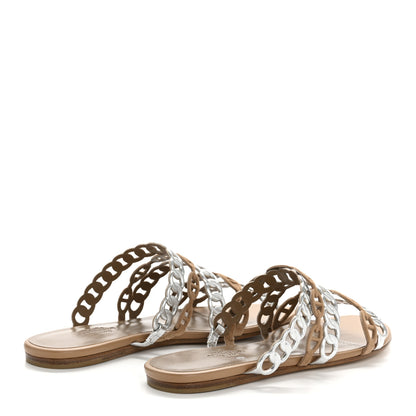 Hermes Metallic Nappa Suede Chaine d'Ancre Nude Sandals 36 Beige Sable Gris Argente 5 of 10