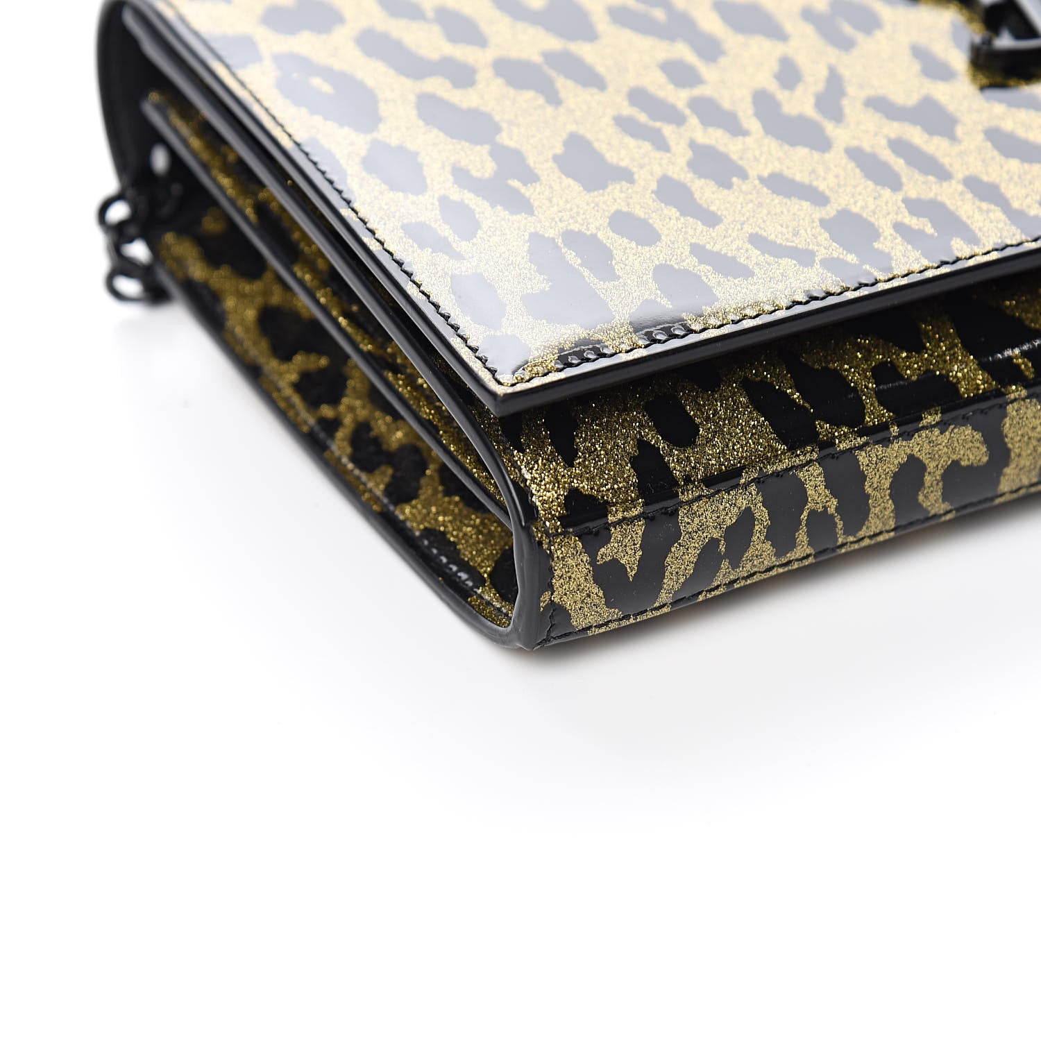 Saint Laurent Patent Glitter Leopard Print Monogram Chain Wallet Leopard Black Light Gold 7 of 9