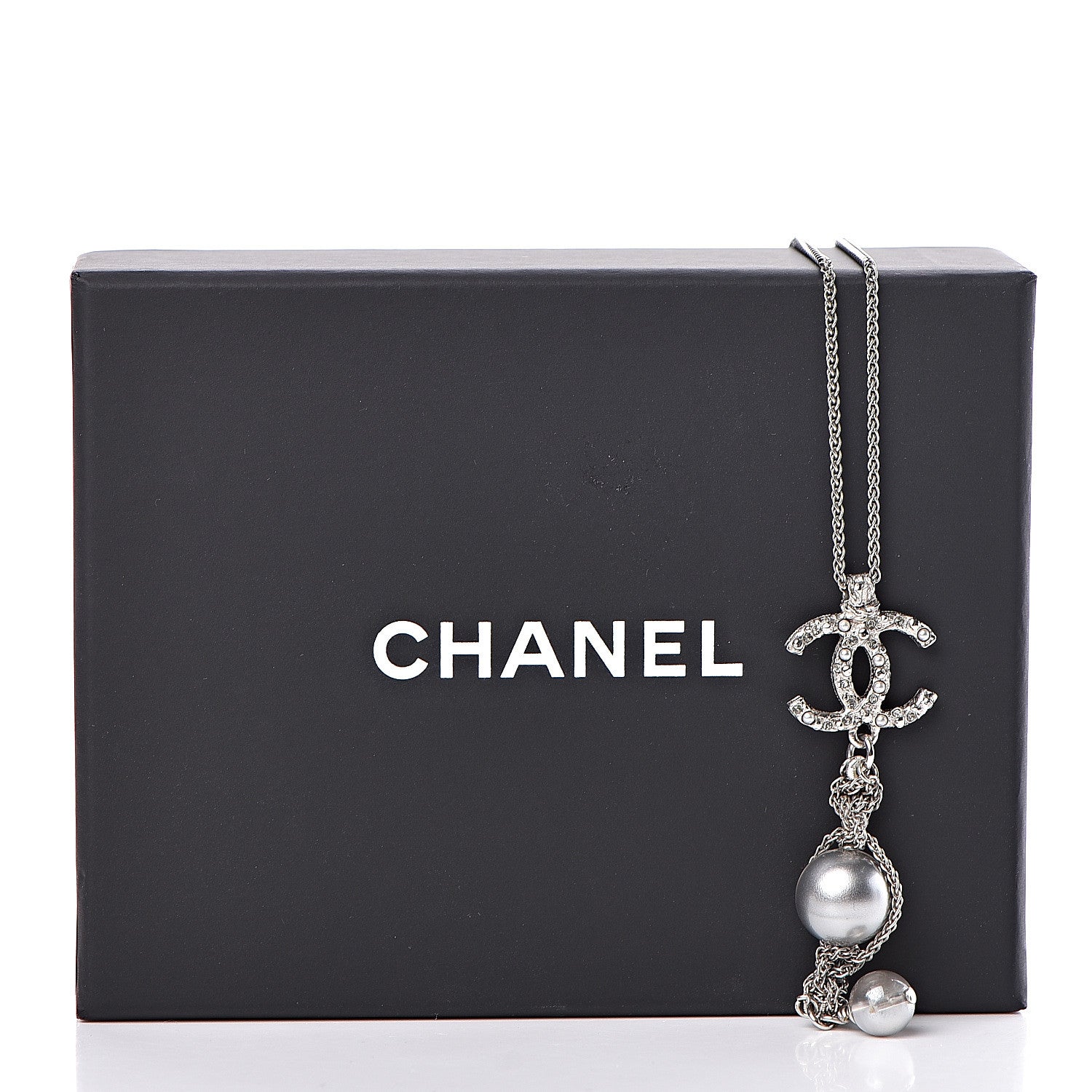 Chanel Pearl Crystal Resin CC Drop Necklace Silver Dark Grey 6 of 6