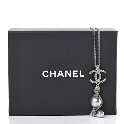 Chanel Pearl Crystal Resin CC Drop Necklace Silver Dark Grey 6 of 6