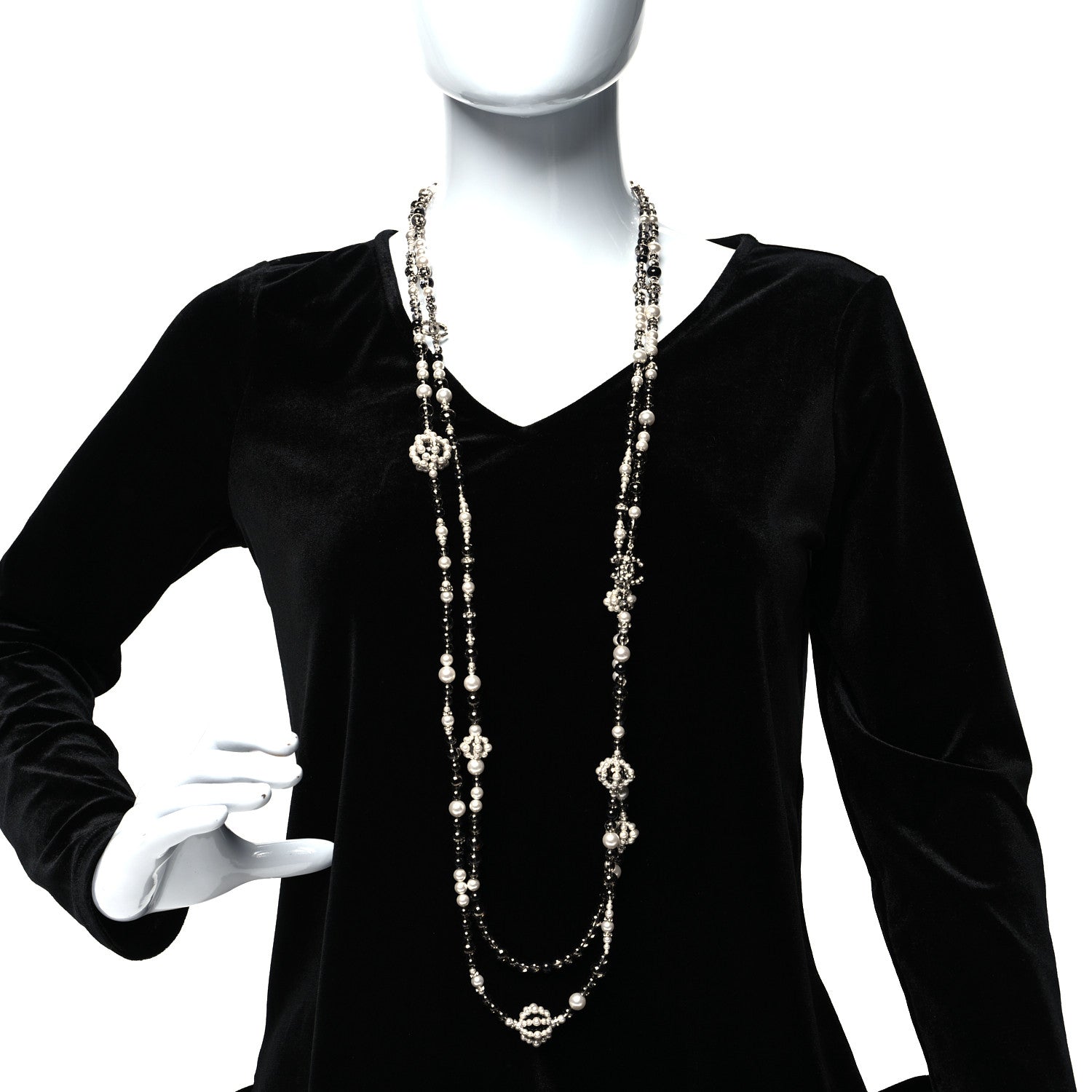 Chanel Pearl Crystal Bead CC Long Necklace Silver Black 2 of 5