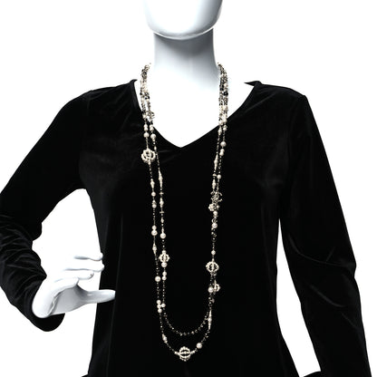 Chanel Pearl Crystal Bead CC Long Necklace Silver Black 2 of 5