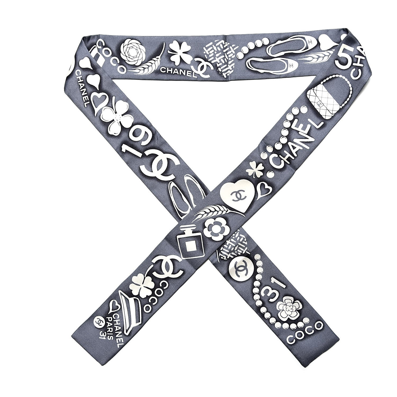 Chanel Silk CC Slim Bandeau Scarf Grey Ecru Black 1 of 3