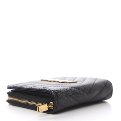 Saint Laurent Grain De Poudre Matelasse Chevron Monogram Compact Zip Around Wallet Black 4 of 9