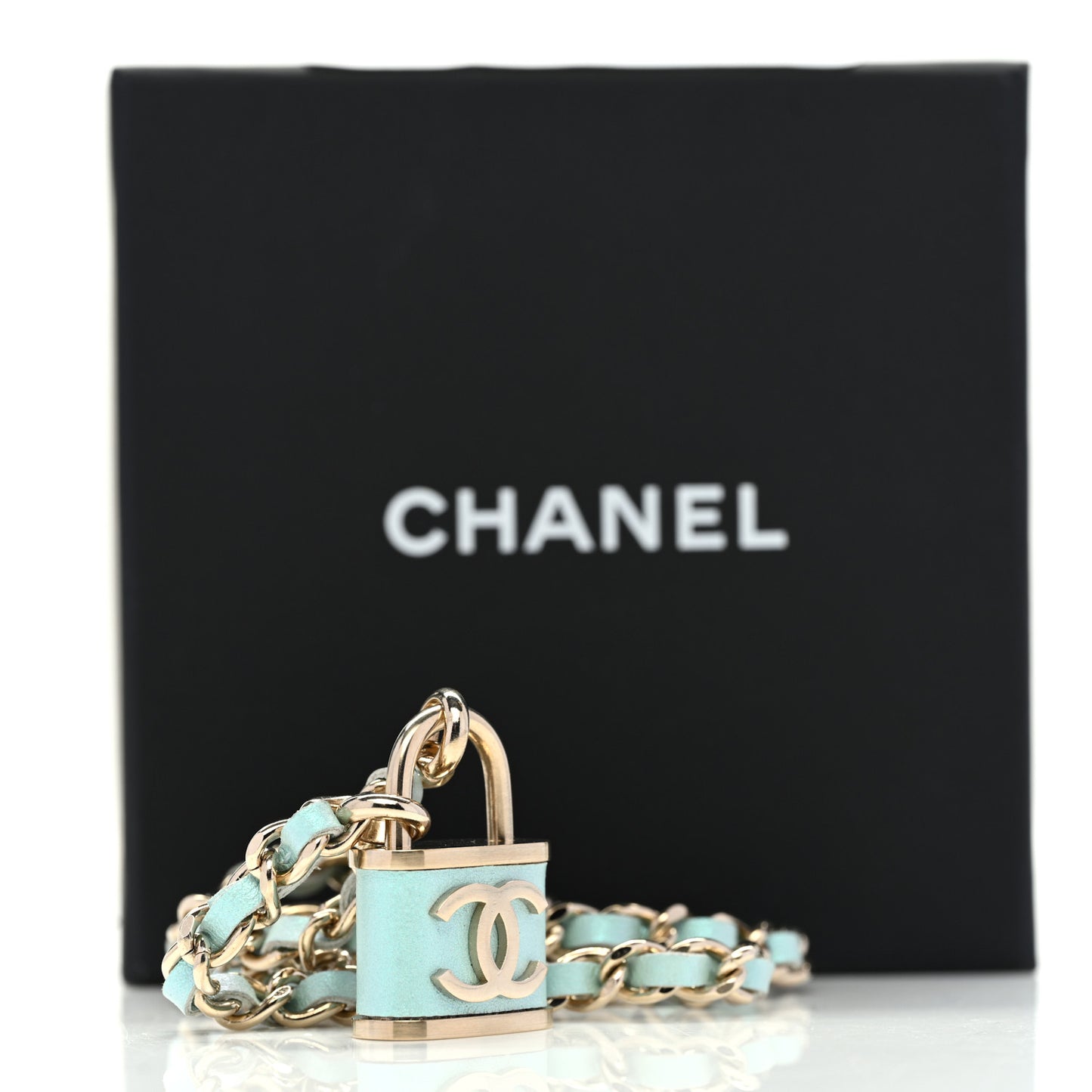 Metal Lambskin Lock Double Necklace Iridescent Blue