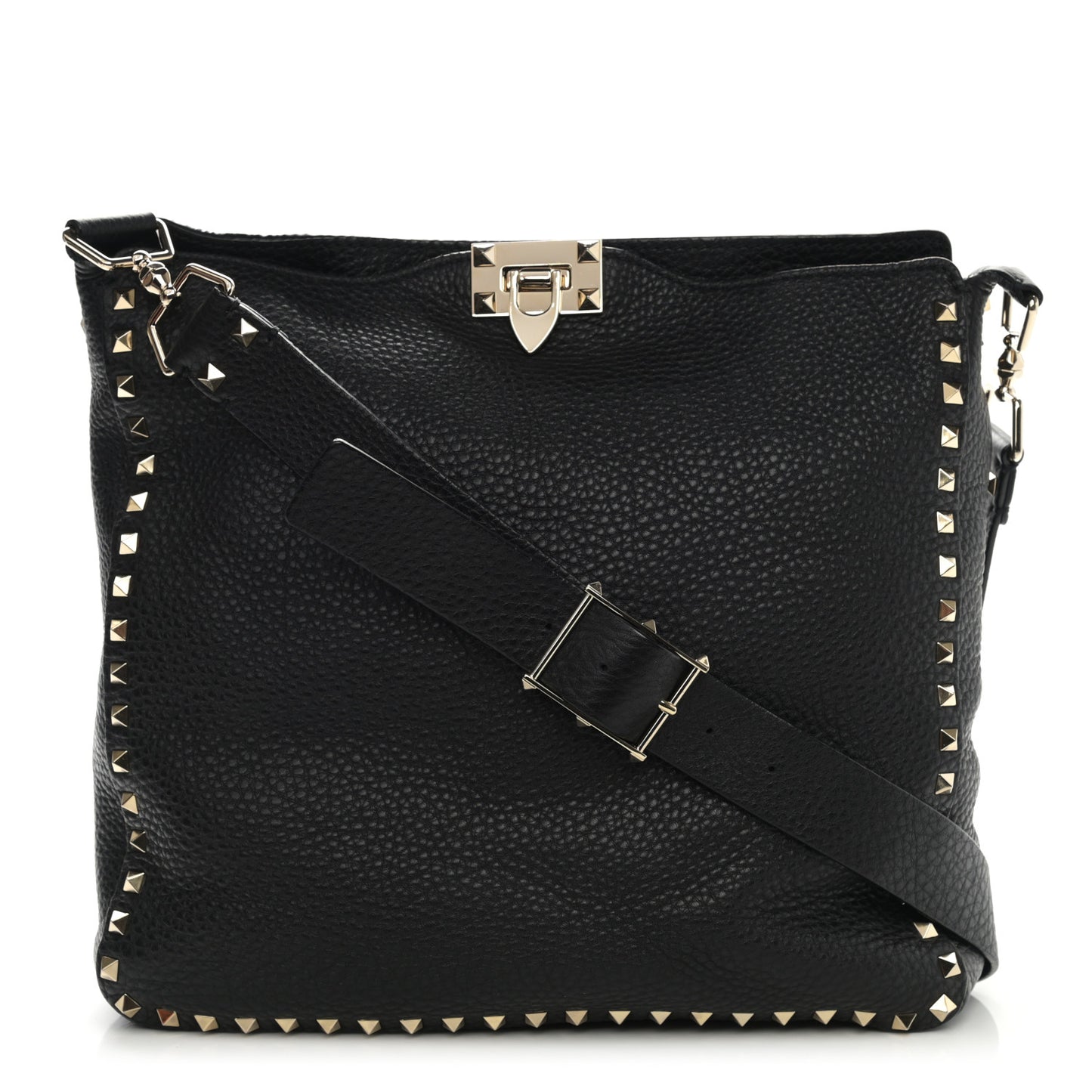 Pebbled Calfskin Large Rockstud Flip-Lock Messenger Bag Black