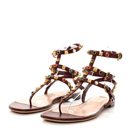 Valentino Garavani Calfskin Rockstud Rolling Cabochon Ankle Wrap Flat Thong Sandals 35.5 Cacao 3 of 7