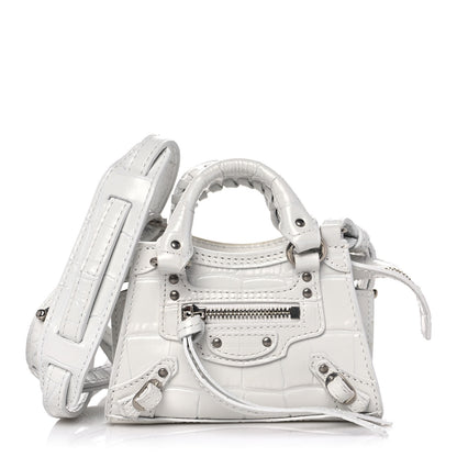 Balenciaga Extra Supple Calfskin Crocodile Embossed Neo Classic Silver Hardware Super Nano City Crossbody White 1 of 11