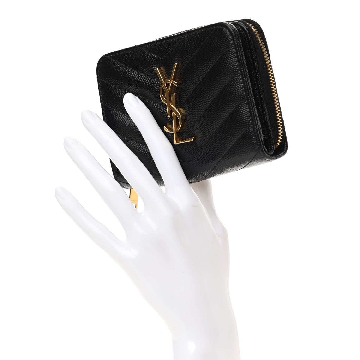 Saint Laurent Grain De Poudre Matelasse Chevron Monogram Compact Zip Around Wallet Black 2 of 9