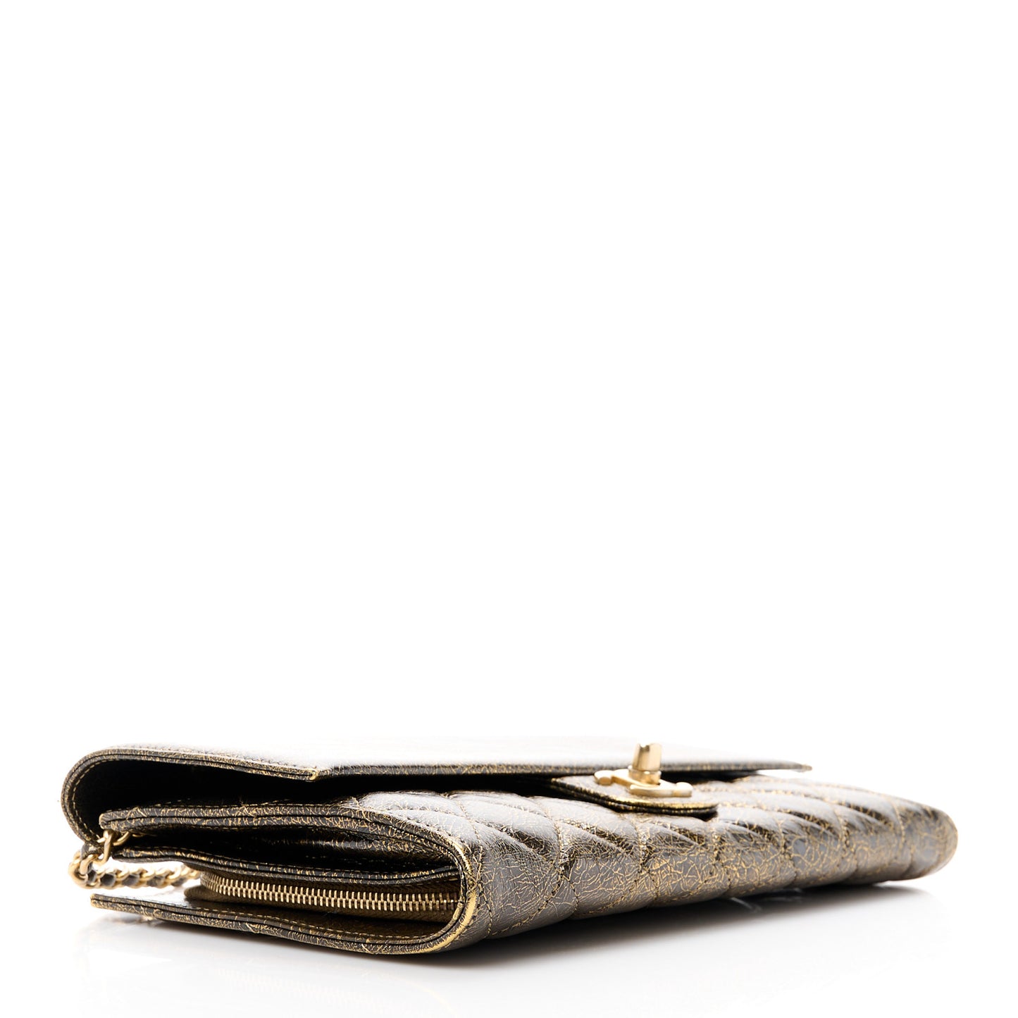 Cracked Metallic Calfskin Quilted Zip Away Chain Clutch Gold