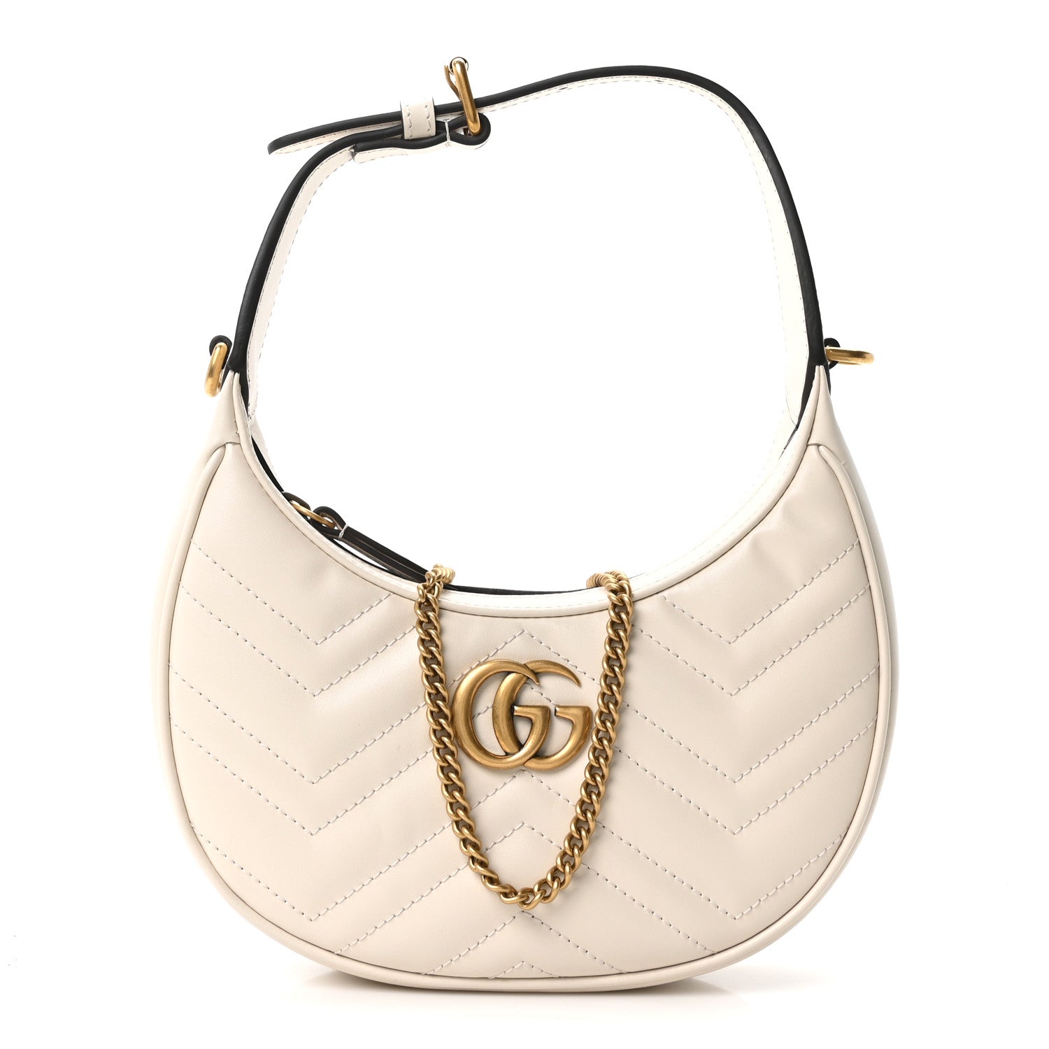 Gucci Calfskin Matelasse Chevron Mini GG Marmont Half Moon Hobo Mystic White 1 of 11