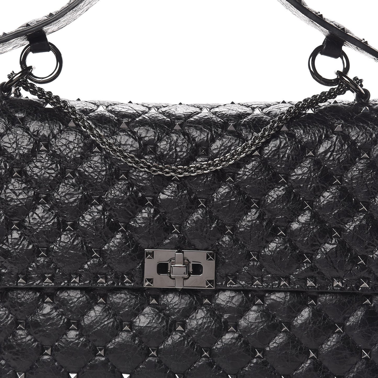 Craquele Nappa Large Rockstud Spike Shoulder Bag Black