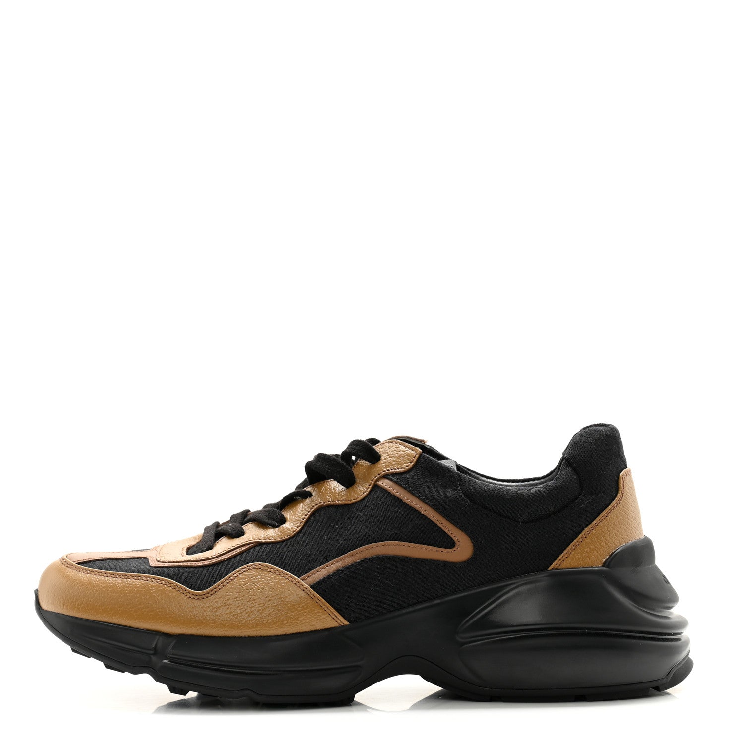 Gucci Monogram Textured Dollar Calfskin Mens Rhyton Sneakers 8 Black Khaki Beige 1 of 12