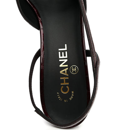 Chanel Patent Calfskin Crocodile Embossed Cap Toe CC Slingback Pumps 41 Dark Burgundy Black 7 of 10