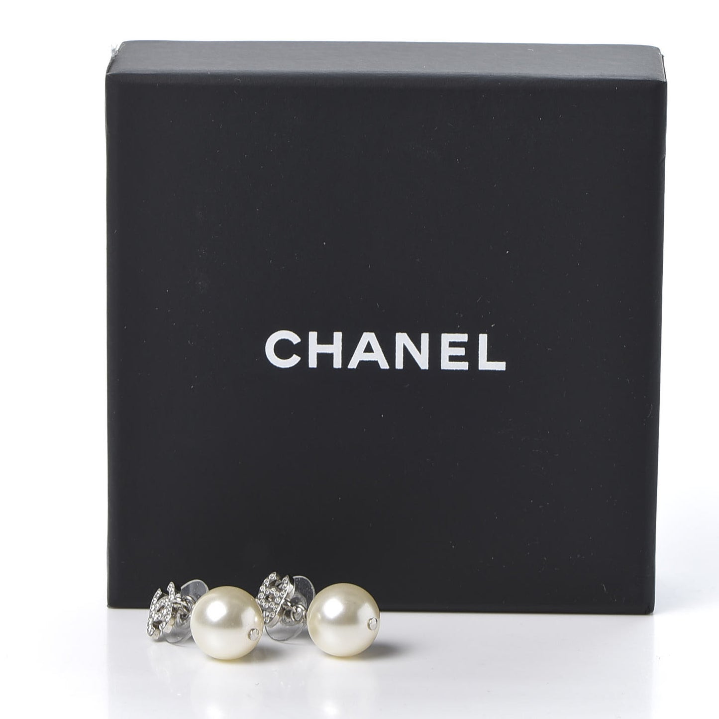 Crystal Pearl CC Drop Earrings Silver Pearly White