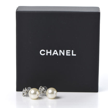 Chanel Crystal Pearl CC Drop Earrings Silver Pearly White 5 of 5