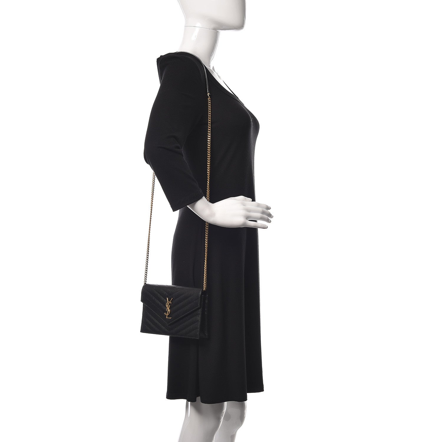 Saint Laurent Grain De Poudre Matelasse Chevron Monogram Envelope Chain Wallet Black 2 of 10