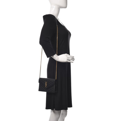 Saint Laurent Grain De Poudre Matelasse Chevron Monogram Envelope Chain Wallet Black 2 of 10