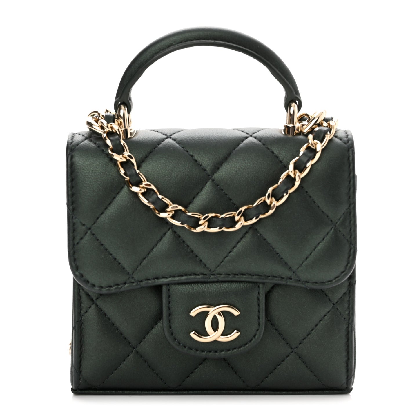 Iridescent Lambskin Quilted Top Handle Clutch With Chain Dark Green
