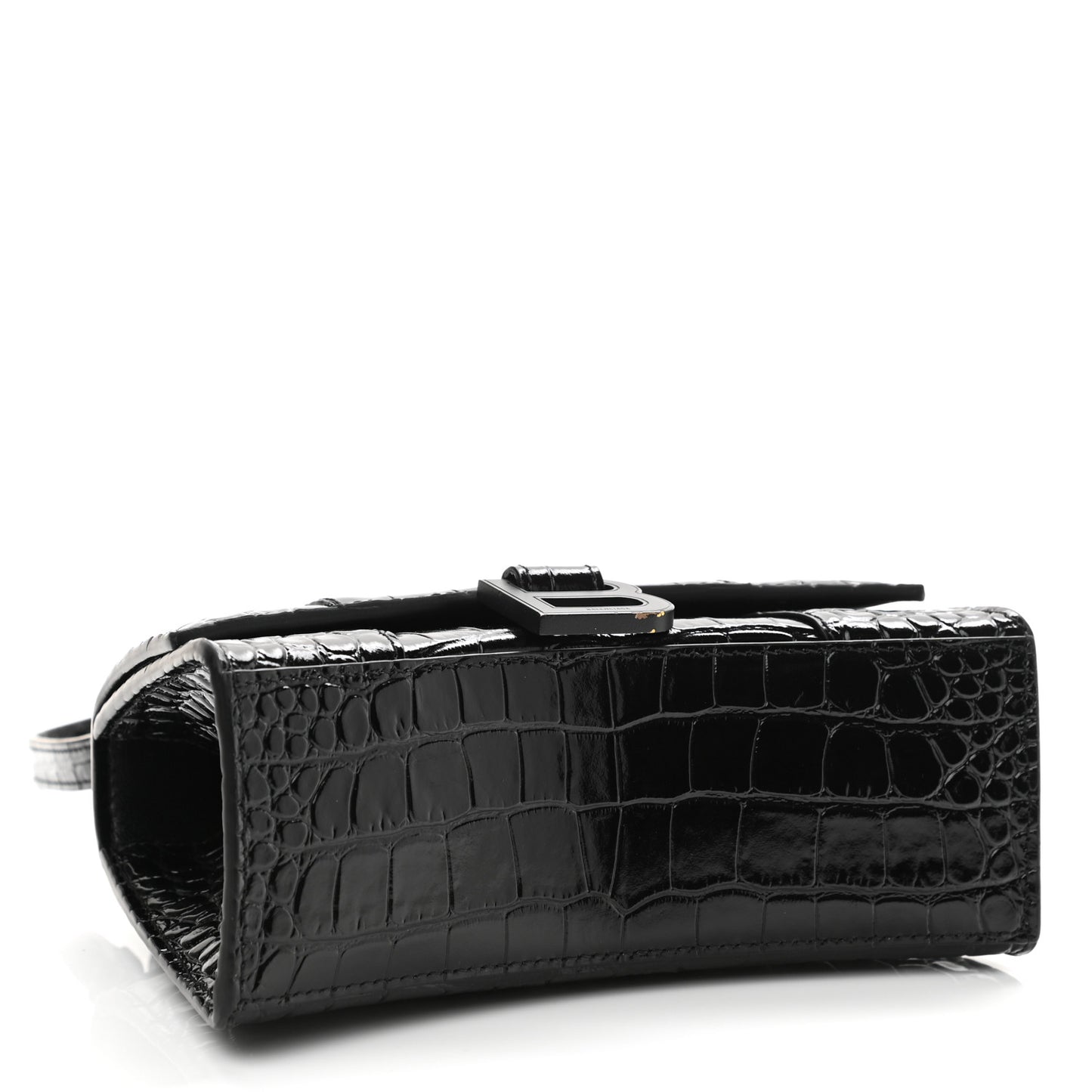 Shiny Calfskin Monochrome Crocodile Embossed Hourglass Top Handle Bag XS Black