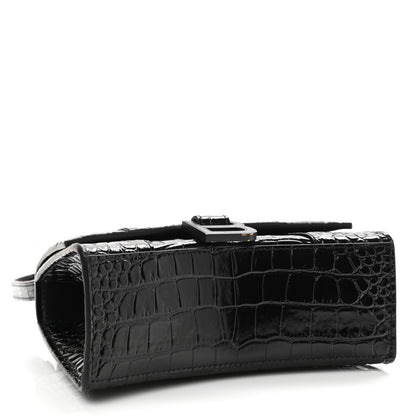 Balenciaga Shiny Calfskin Monochrome Crocodile Embossed Hourglass Top Handle Bag XS Black 4 of 11