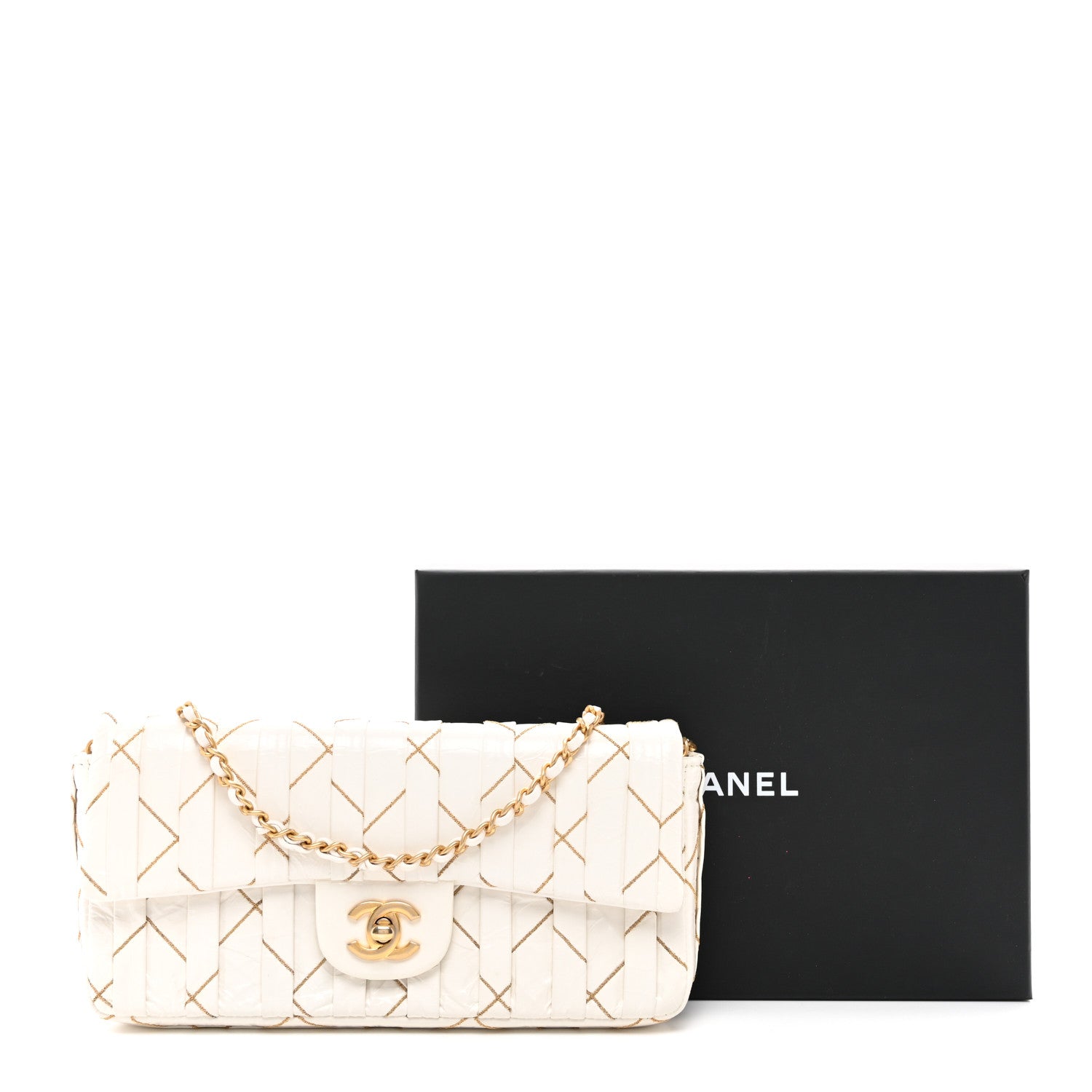 Chanel Glazed Calfskin Pleated Chain Stitch East West Flap White 12 of 12