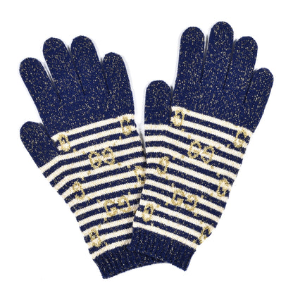 Gucci Wool Knit GG Monogram Gloves M Navy Ivory 2 of 4